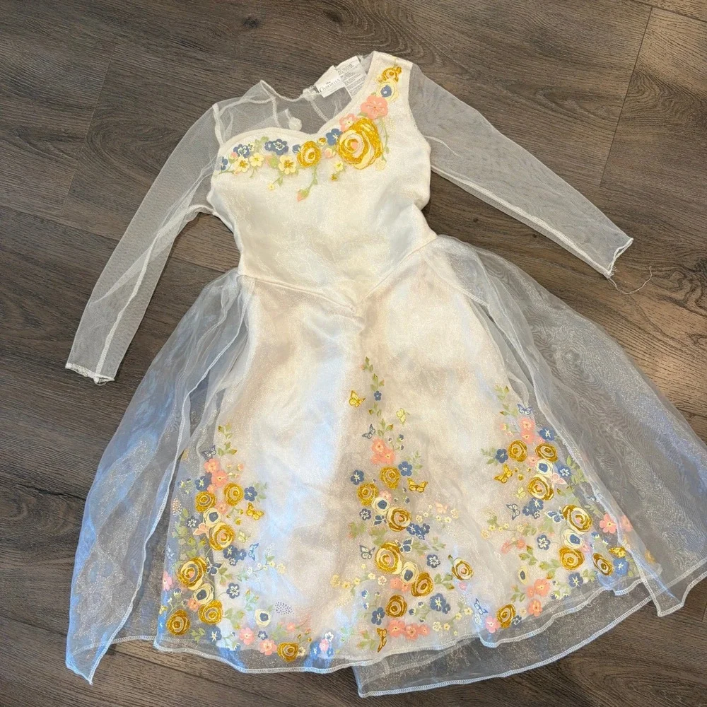 Rare Disney Live Action Cinderella Girl Floral Embroidery Costume Dress White 4T